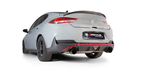 Remus GPF back System Left/Right with Integrated valves using the OE valve control system with 2 tail pipes Ø 115 mm angled, engraved, Black Chrome for Hyundai i30 Fastback PDE 2.0 N 184 kW 2018-
