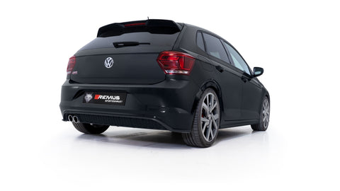 Remus Resonated GPF back System with 2 tail pipes Ø 84 mm straight, carbon insert for Volkswagen Polo AW 2.0 TSI GTI 147 kW 2019-